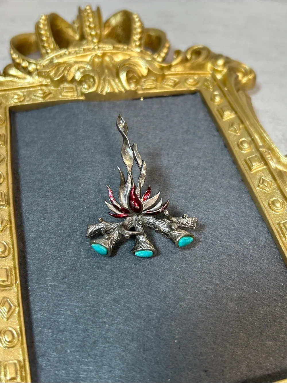 Vintage Handcrafted Silver Flame Brooch with Turquoise and Red Enamel